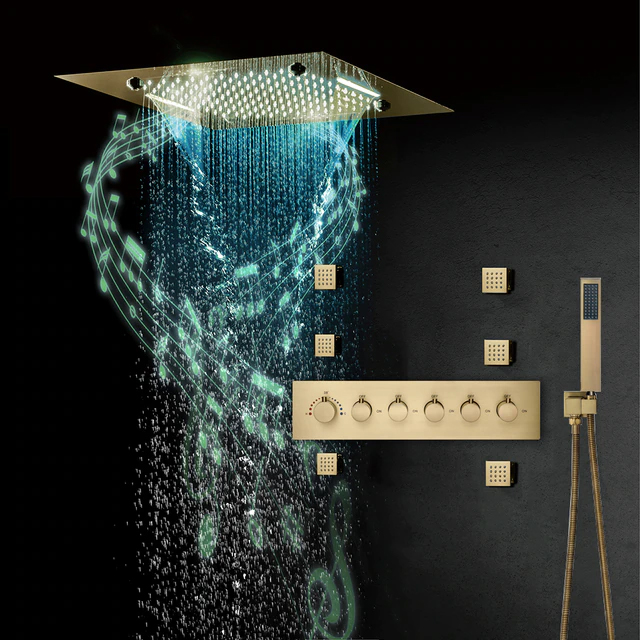 Fontana Dijon Brushed Gold Thermostatic Recessed Ceiling Mount LED Remote Controlled Rainfall Musical Shower System with Hand Shower and Jetted Body Sprays